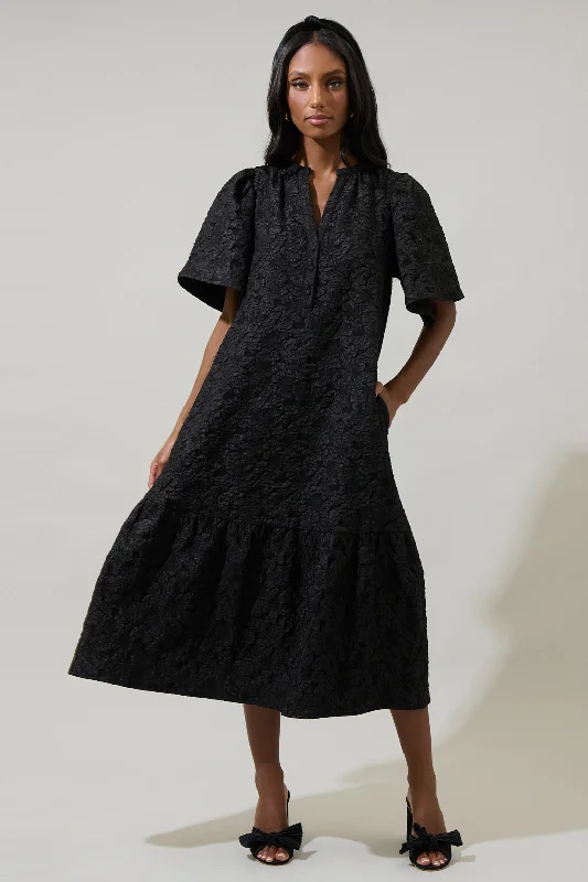 Arielle Jacquard Floral Ely Midi Dress Fashionable Off-Shoulder Dress Midi