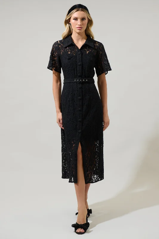 Carlini Lace Button Up Midi Dress Chic Lace Detail Midi Dress
