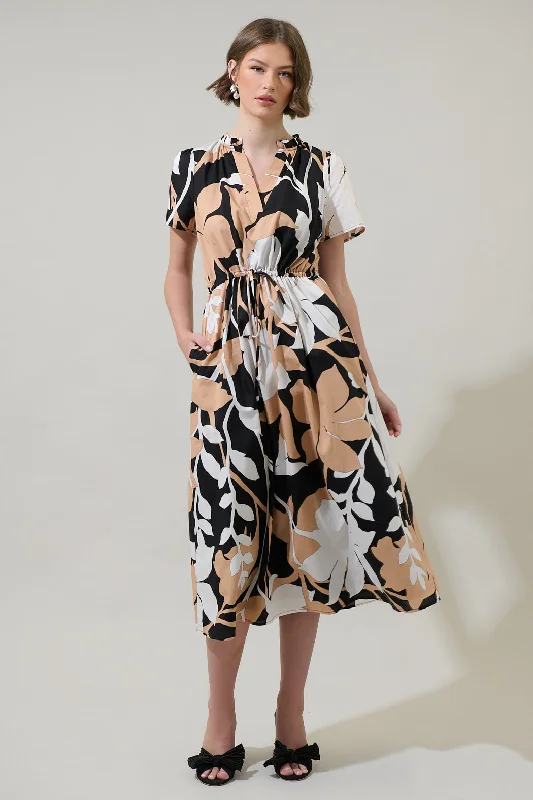 Dayspring Floral Junice Split Neck Midi Dress Elegant Maxi-Midi Hybrid Dress