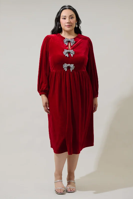 Jena Glow Bow Velvet Midi Dress Curve Trendy Smocked Detail Midi Dress
