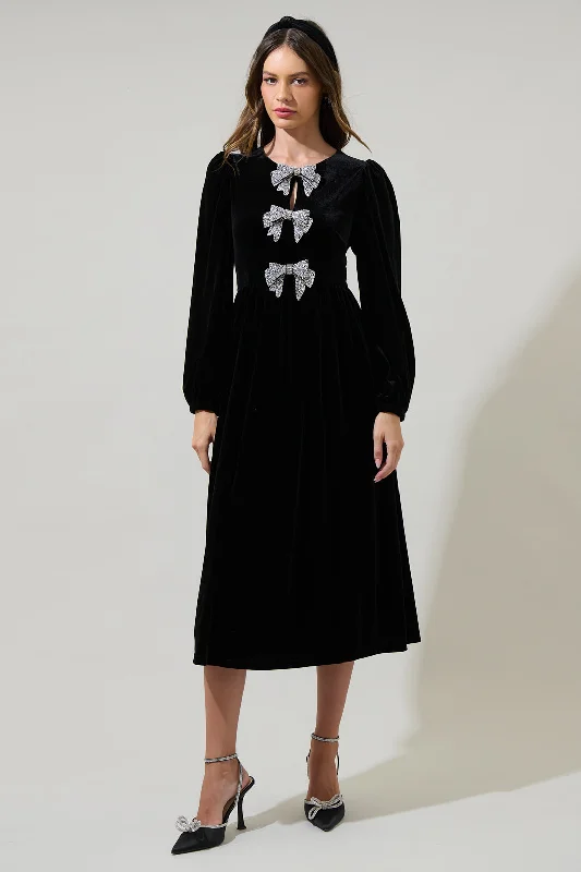 Jena Glow Bow Velvet Midi Dress Trendy Ruffle Hem Midi Dress