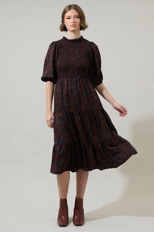 Kalida Beau Frazier Smocked Tiered Midi Dress Trendy Long Sleeve Midi Dress