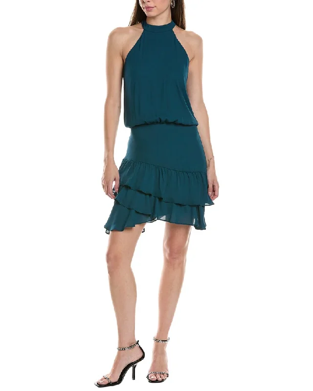 Krisa Halter Asymmetrical Ruffle Mini Dress Classic Striped Mini Dress