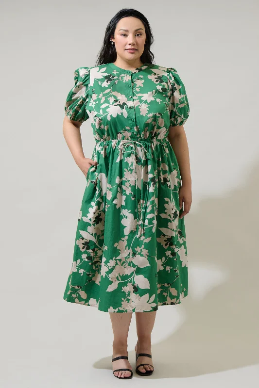 Nora Floral Terri Button Down Midi Dress Curve Trendy A-Line Midi Dress