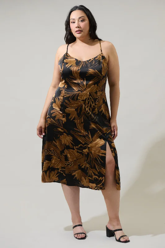Palm Tropics Midnight Parting Ways Satin Midi Dress Curve Elegant V-Neck Midi Dress