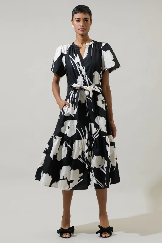 Shadow Floral Cora Button Up Midi Dress Cozy Spaghetti Strap Midi Dress