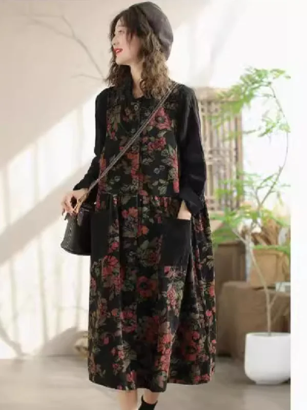 Women's Elevate your Summer Loose Pocket Printed Midi Dress Comfortable Fit-and-Flare Midi Dress