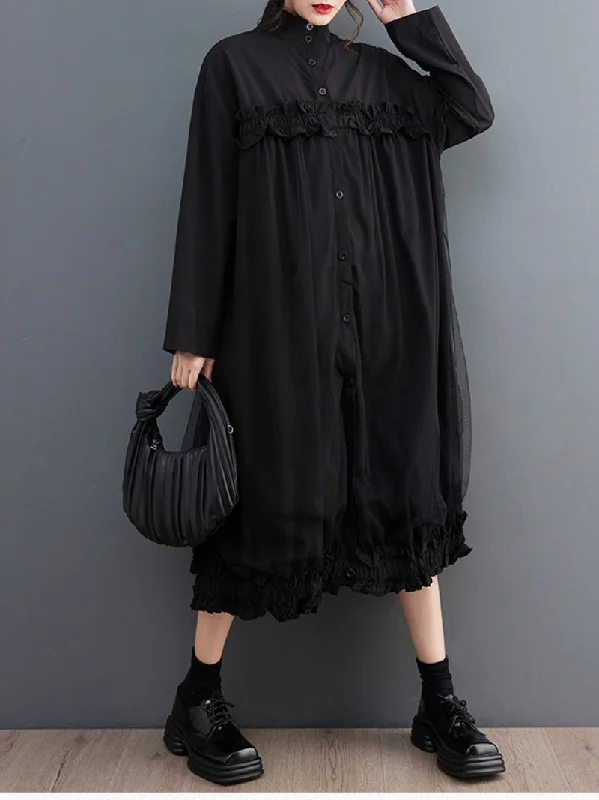 Women's Stand-up Collar Button Up Midi dress Elegant Pleated Detail Midi Dress