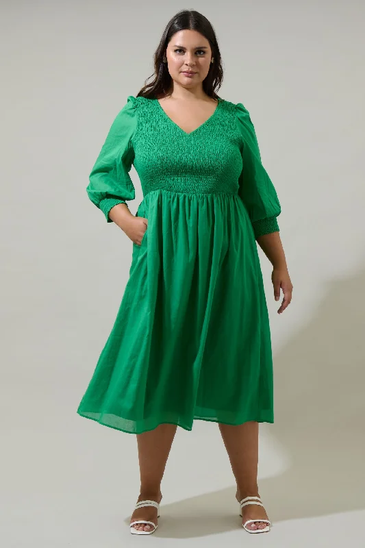 Zelda Smocked Long Sleeve Cotton Voile Midi Dress Curve Chic Floral Print Midi Dress