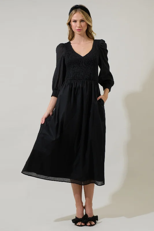Zelda Smocked Long Sleeve Cotton Voile Midi Dress Comfortable Wrap Midi Dress