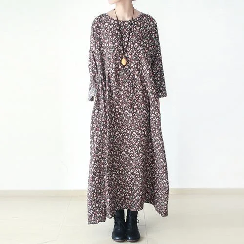 fall brown plus size floral cotton dresses long sleeve maxi dress gown Stylish Longline Maxi Dress