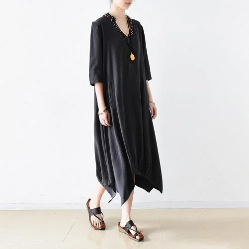 2017 black asymmetric silk linen dresses plus size vintage maxi dress  embroidery casual sundress Elegant Velvet Maxi Dress