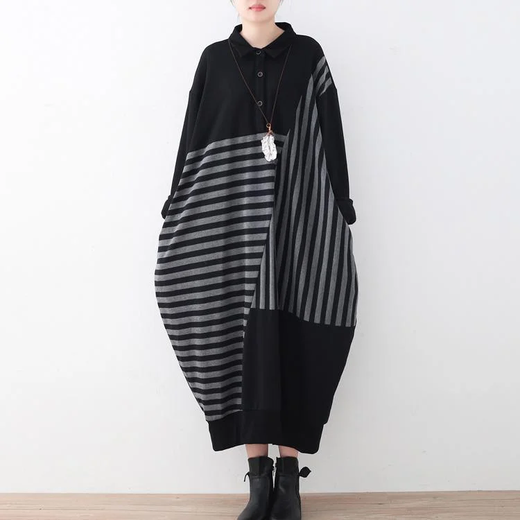 2017 black linen maxi dress plus size patchwork long cotton dresses striped dress Comfortable Maxi Dress with Sleeves