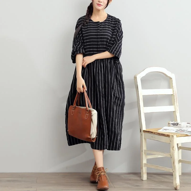 2017 black summer striped dresses plus size cotton sundress half sleeve maxi dress Trendy Satin Maxi Dress