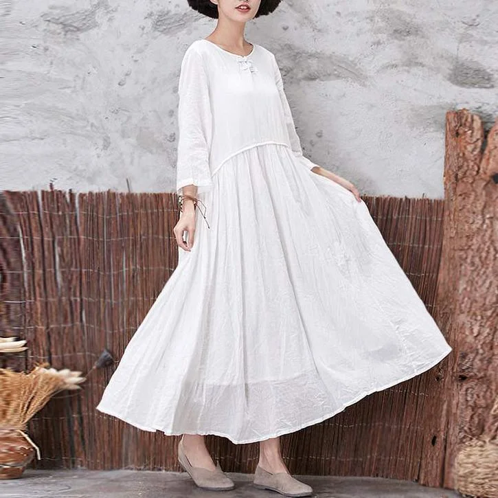 2022 Fall White Chinese Butted Linen Casual Dresses Oversize Vintage Maxi Dress Fashionable Faux Wrap Maxi Dress