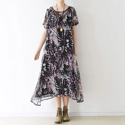 New Floral Chiffon Sundress Oversize Casual Beach Dresses Short Sleeve Maxi Dress Stylish Boho Maxi Dress