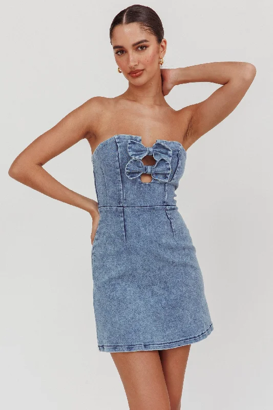 All For You Strapless Mini Dress Blue Denim Chic Puff Sleeve Mini Dress