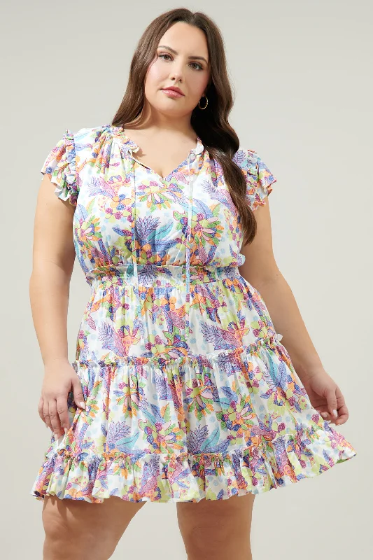 Amazonia Split Neck Toledo Tiered Mini Dress Curve Elegant Floral-Print Mini Dress