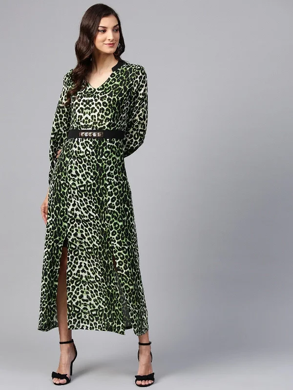 Women's Animal Print Maxi Dress With Embellished Belt - Pannkh Classic Black Maxi Dress