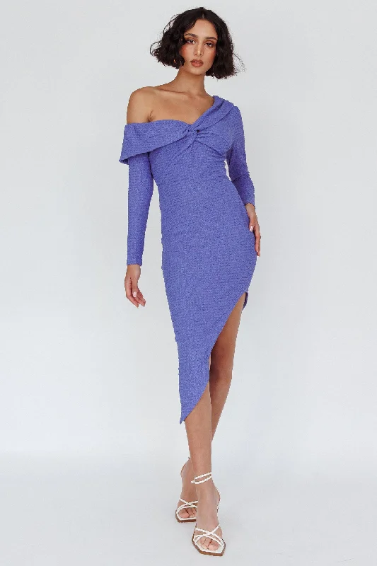 Annalora One-Shoulder Long Sleeve Midi Dress Blue Elegant Pleated Detail Midi Dress