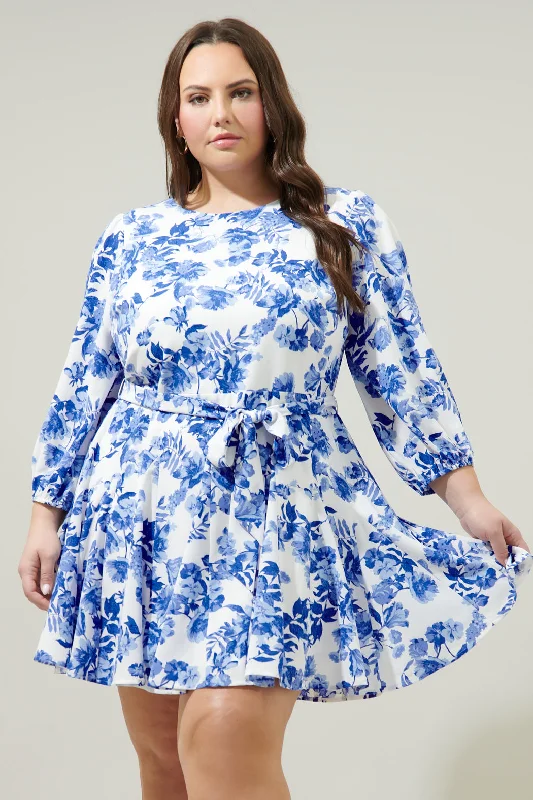 Antoinette Blue Floral Collins Godet Mini Dress Curve Comfortable Bodycon Mini Dress