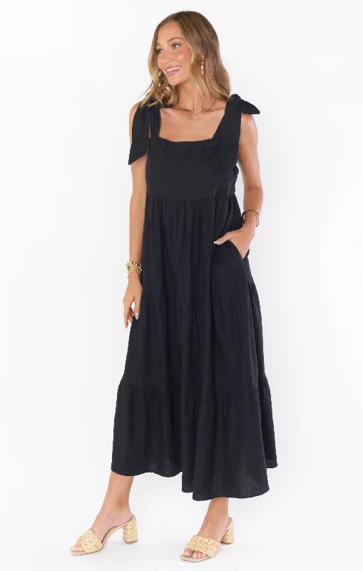 Arabella Maxi Dress ~ Black Linen Fashionable Button-Down Maxi Dress