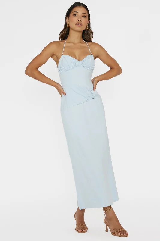 Arielle Gathered Bust Halterneck Midi Dress Pale Blue Elegant Pleated Detail Midi Dress