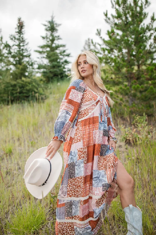 Autumn Attitude Patchwork Long Sleeve Maxi Dress Trendy A-Line Maxi Dress