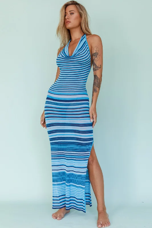 Azure Shores Knit Midi Dress Striped Blue Stylish Halter Neck Midi Dress