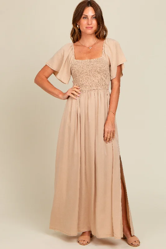 Beige Chambray Smocked Maxi Dress Fashionable Sleeveless Maxi Dress