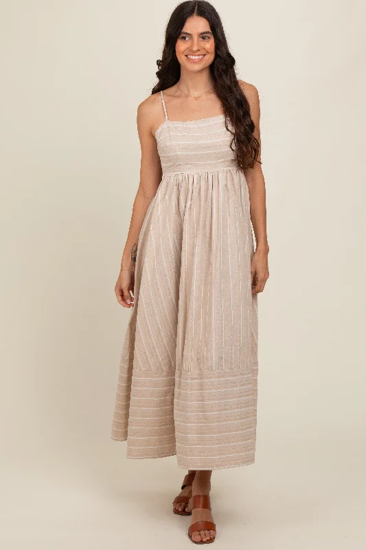 Beige Striped Cutout Back Maxi Dress Trendy Short Sleeve Maxi Dress