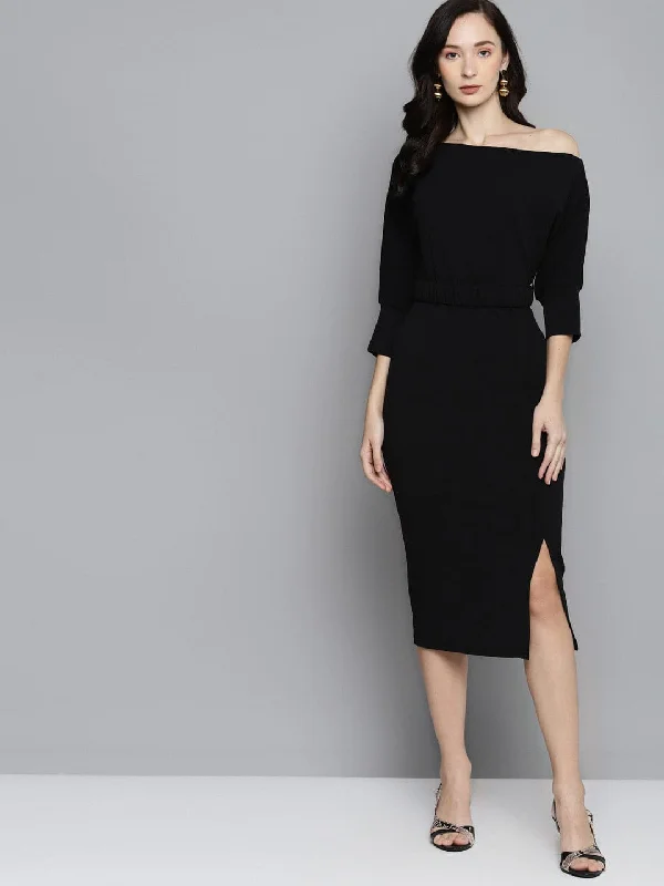 Black Belted Drop Shoulder Midi Dress Fashionable Wide Leg Midi Dress