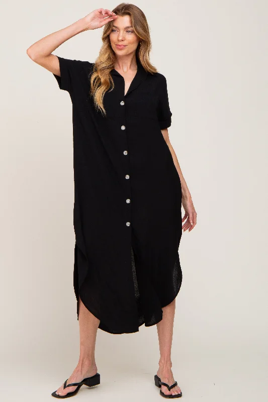 Black Button Down Hi Low Maxi Dress Comfortable Long-Sleeve Maxi Dress