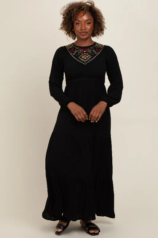 Black Embroidered Tiered Maxi Dress Elegant Lace-Up Maxi Dress