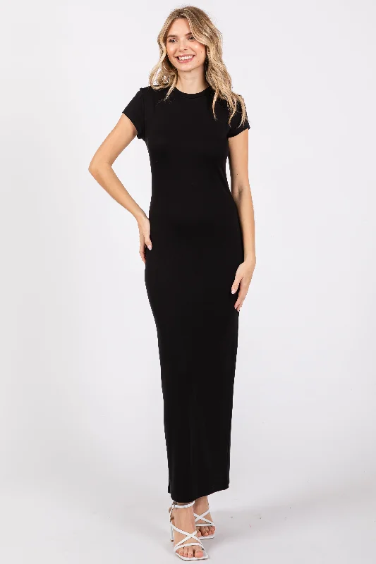 Black Fitted Short Sleeve Maxi Dress Trendy Fit-and-Flare Maxi Dress