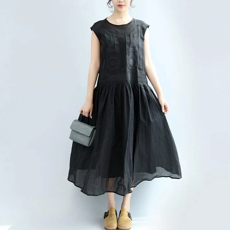 black geometric cotton dresses casual layered sundress sleeveless maxi dress Comfortable Maxi Dress with Belt