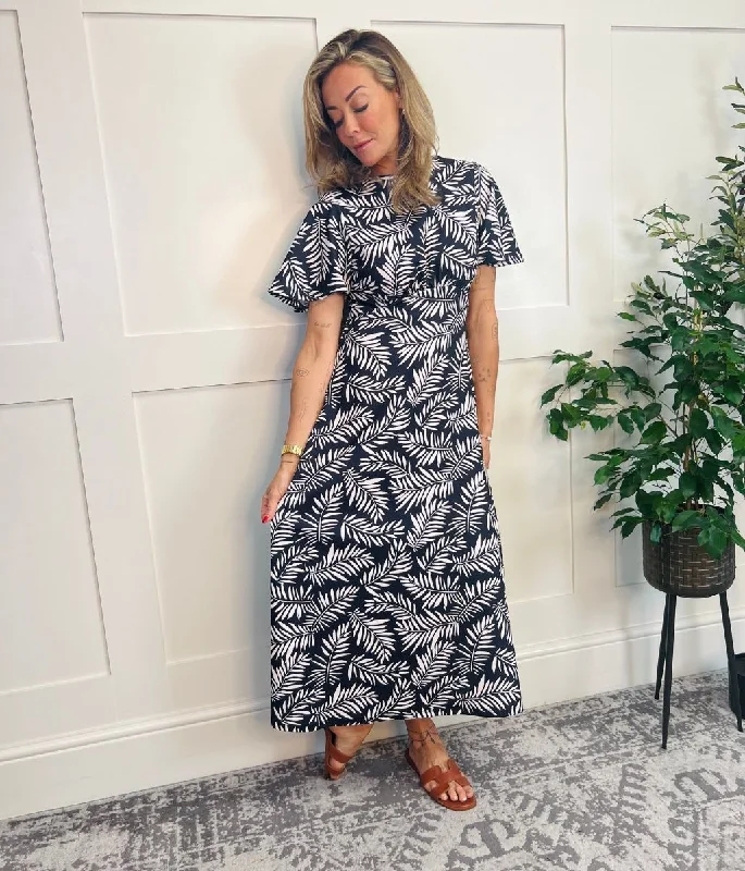 Black & Ivory Leaf Print Kate Midi Dress Stylish Off-Shoulder Ruffle Dress