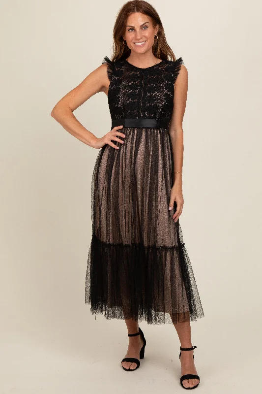 Black Lace Contrast Tulle Maxi Dress Fashionable Asymmetrical Maxi Dress