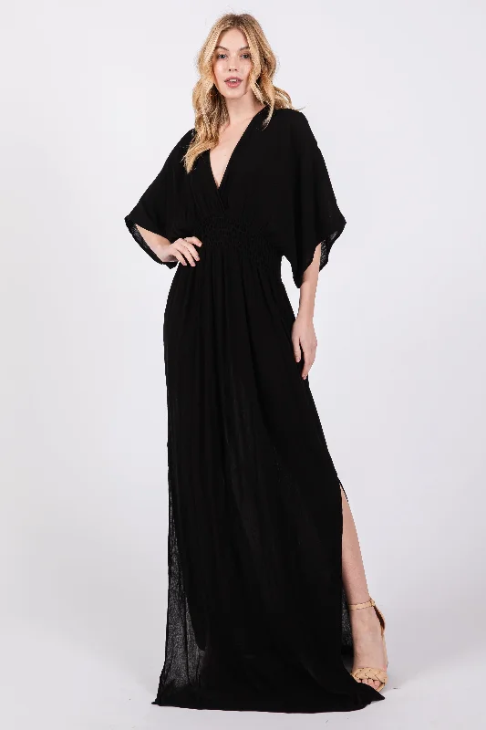 Black Lightweight Deep V-Neck Maxi Dress Comfortable T-Shirt Maxi Dress