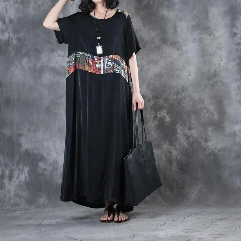 black patchowrk baggy summdr silk sundress plus size casaul dresses short sleeve maxi dress Trendy Floral Print Maxi Dress