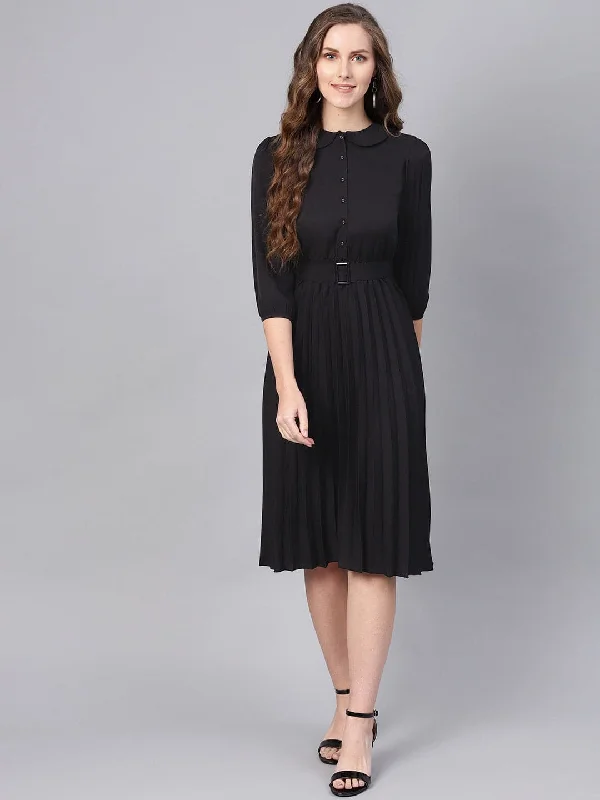 Black Peterpan Belted Pleated Midi Dress Stylish Tiered Midi Dress