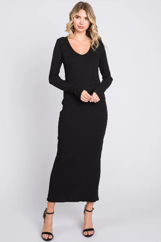 Black Ribbed Long Sleeve Maxi Dress Classic Black Maxi Dress