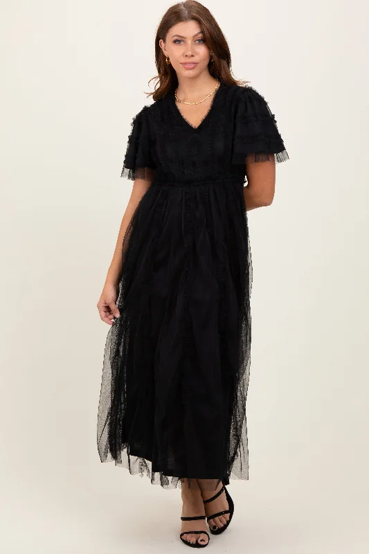 Black Ruffle Accent Mesh Overlay Maxi Dress Stylish V-Neck Maxi Dress