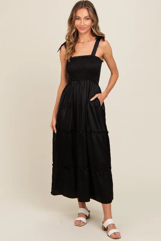 Black Satin Smocked Maxi Dress Comfortable Fitted Maxi Dress