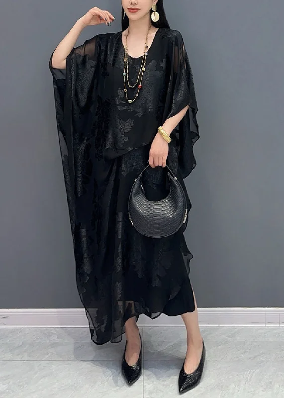 Black Side Open Silk Maxi Dress Batwing Sleeve Cozy Cold-Shoulder Maxi Dress