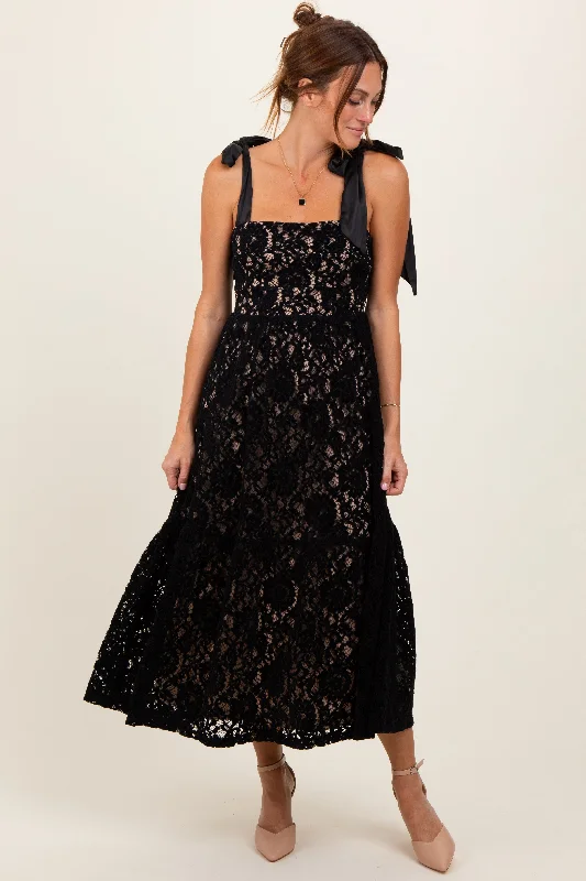 Black Velvet Lace Shoulder Bow Maxi Dress Cozy Wrap Maxi Dress