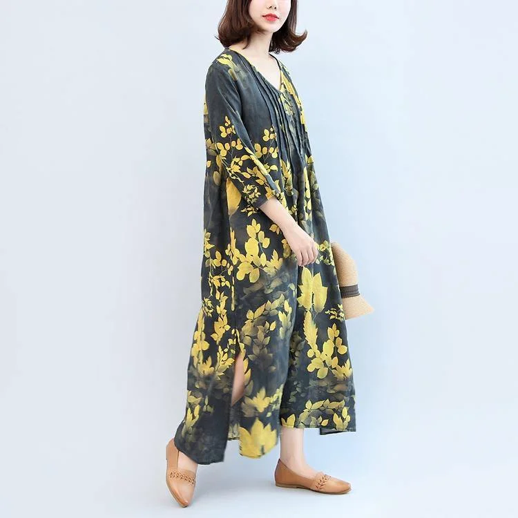 Black Yellow Print Linen Dresses Plus Size V Neck Sundress Long Sleeve Maxi Dress Comfortable Bohemian Maxi Dress