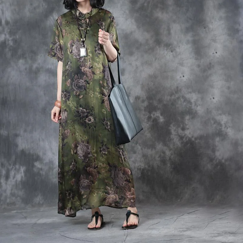 blackish green floral casual silk sundress oversize vintage dresses Chinese Button maxi dress Elegant Maxi Dress with Slit