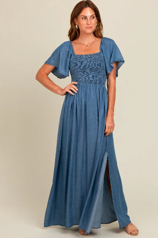 Blue Chambray Smocked Maxi Dress Comfortable Cotton Maxi Dress