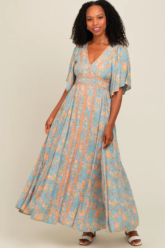 Blue Floral Border Print Flutter Sleeve Maxi Dress Comfortable Bohemian Maxi Dress